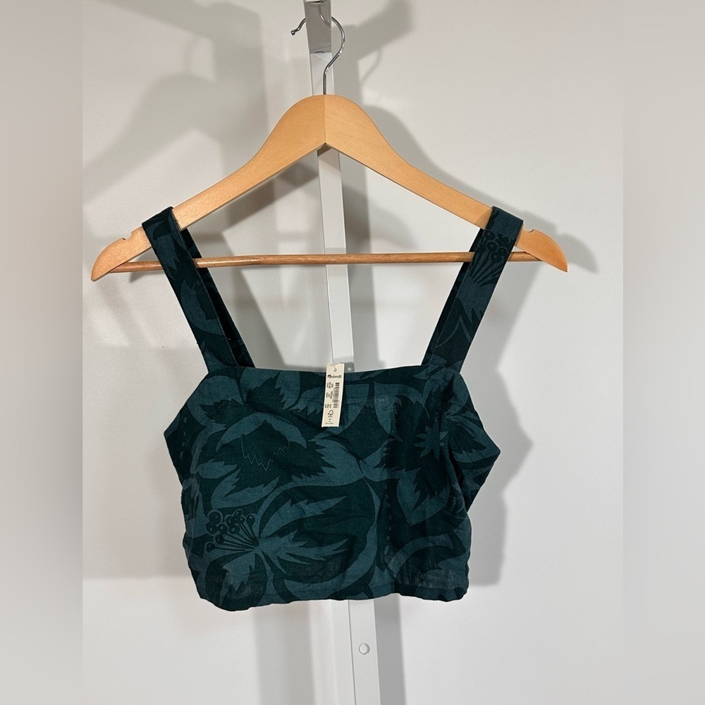 Madewell Dark Green Palm/Floral Linen Crop Top